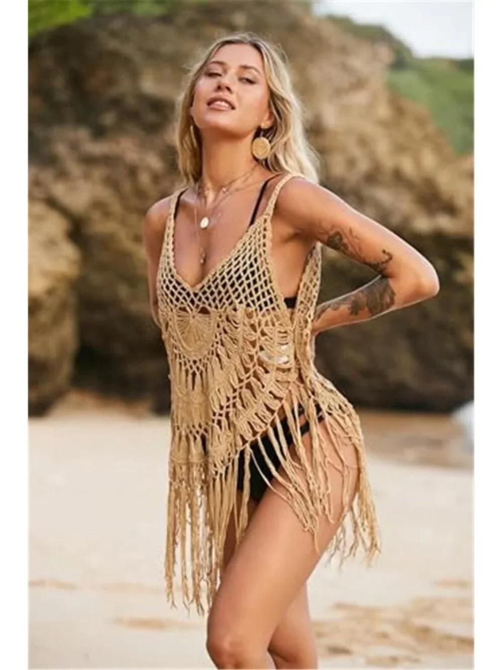Crochet Swimsuit Cover Up Tassel Beach Dress Sheer Bikini Coverup V Neck